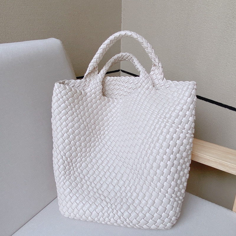 Weiße Shopper-Tasche aus gewebtem Leder, große Handtasche, weiche