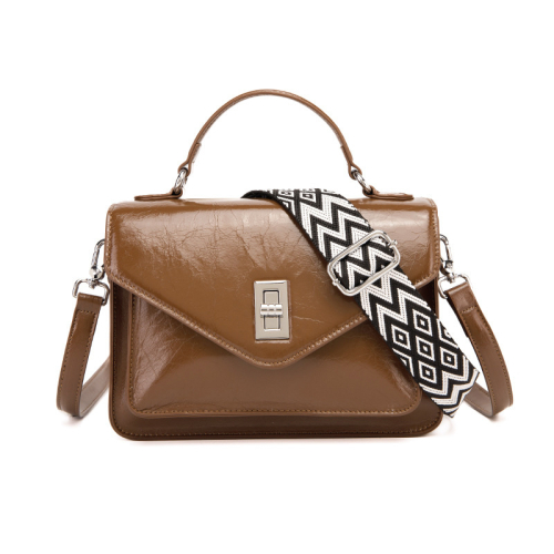 Brown Leather Shoulder Flap Turn Lock Square Bags