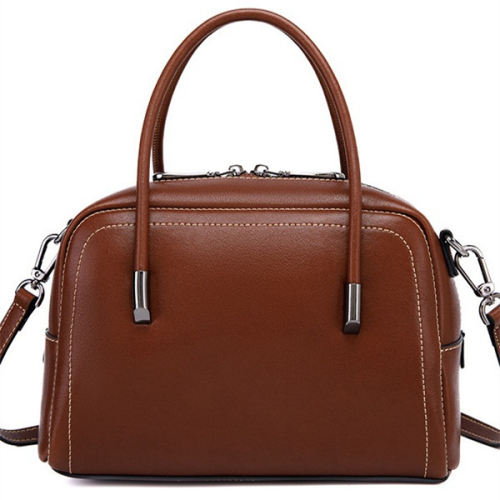 Brown Leather Zipper Boston Handbags for Women