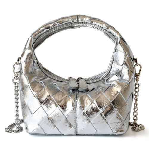 Silver Woven Leather Metallic Bags Fashion Small Handbags With Chain