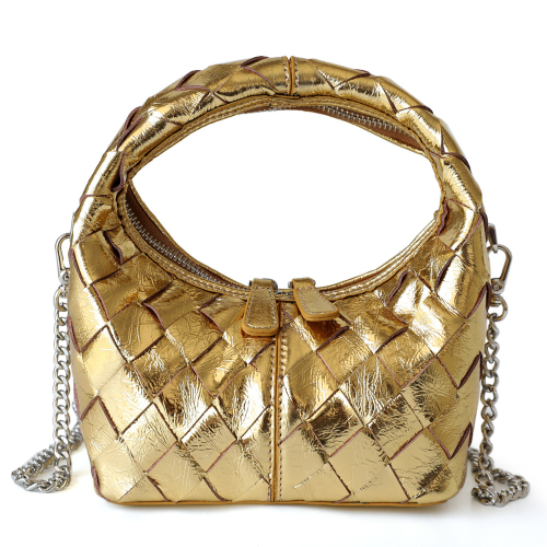 Golden Woven Leather Metallic Bags Fashion Small Handbags With Chain